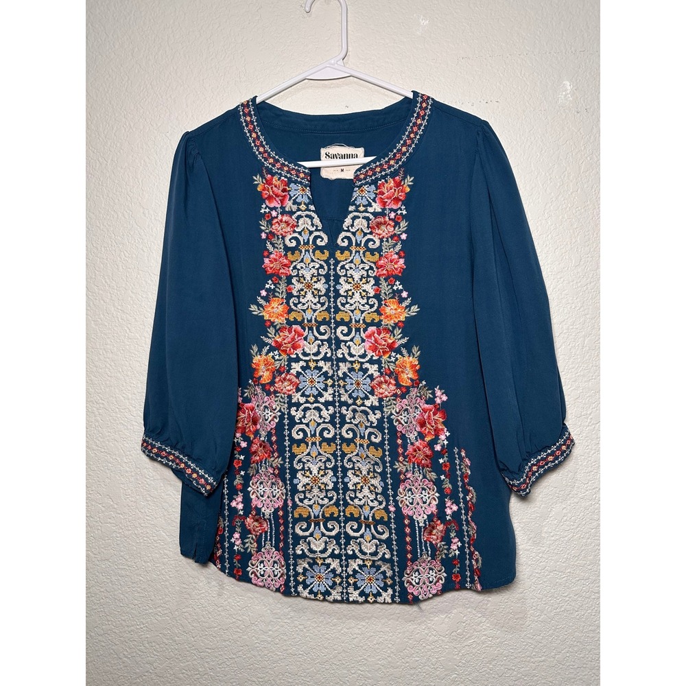 Savanna Jane Embroidered Tunic Top Blue Floral Motif V-Neck 3/4 Sleeve Women's M